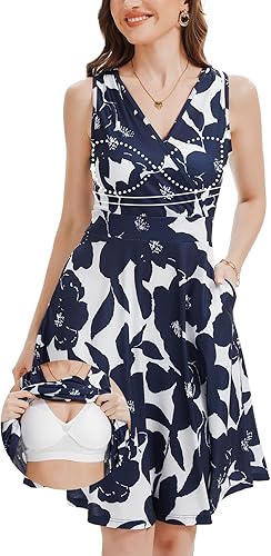 ANYFITTING Built in Bra Summer Dresses for Women 2026 Casual V Neck Flowy Sundresses Sleeveless Tank Midi Dress