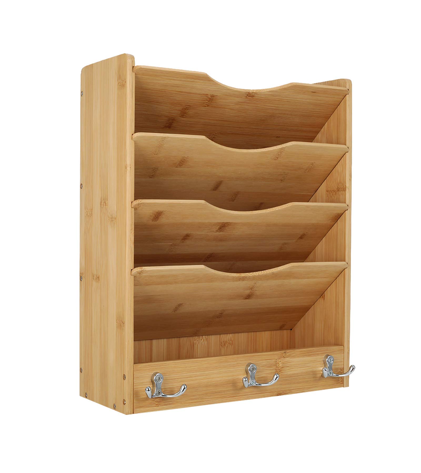 EasyPAG 5 Pocket Wall File Holder Hanging Mail Organizer Natural Bamboo Wall Mount Magazine Rack for Home and Office