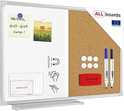 ALLboards Magnetic Whiteboard and Cork Combined 60 x 40 cm Writable and Dry Erase for Push Pins Magnets and Push Pins