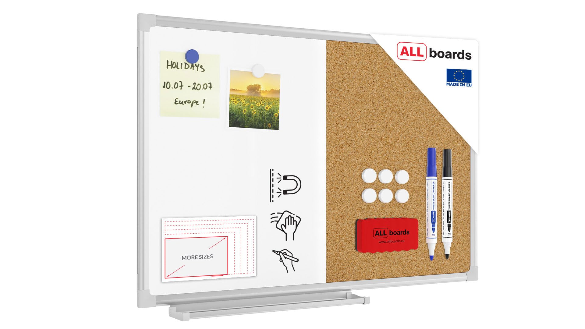 ALLboards Combination Board 2 in 1 Whiteboard & Cork Board with Aluminium Frame 60x40cm, Pin Board Magnetic Board