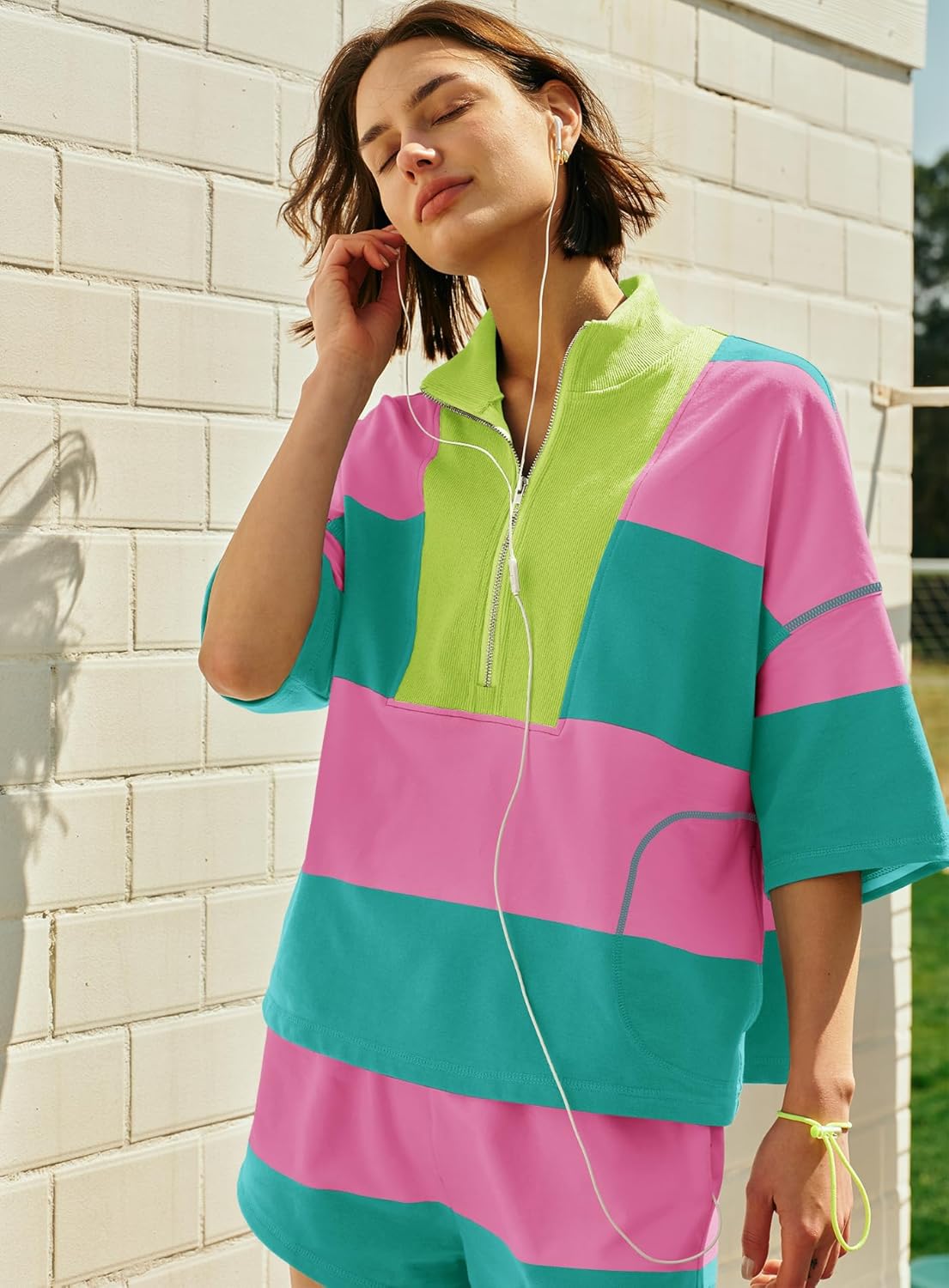 Yanekop Womens 2 Piece Outfits Summer Striped Lounge Set Two Piece Matching Workout Sets Oversized Short Sets Tracksuits - Image 5