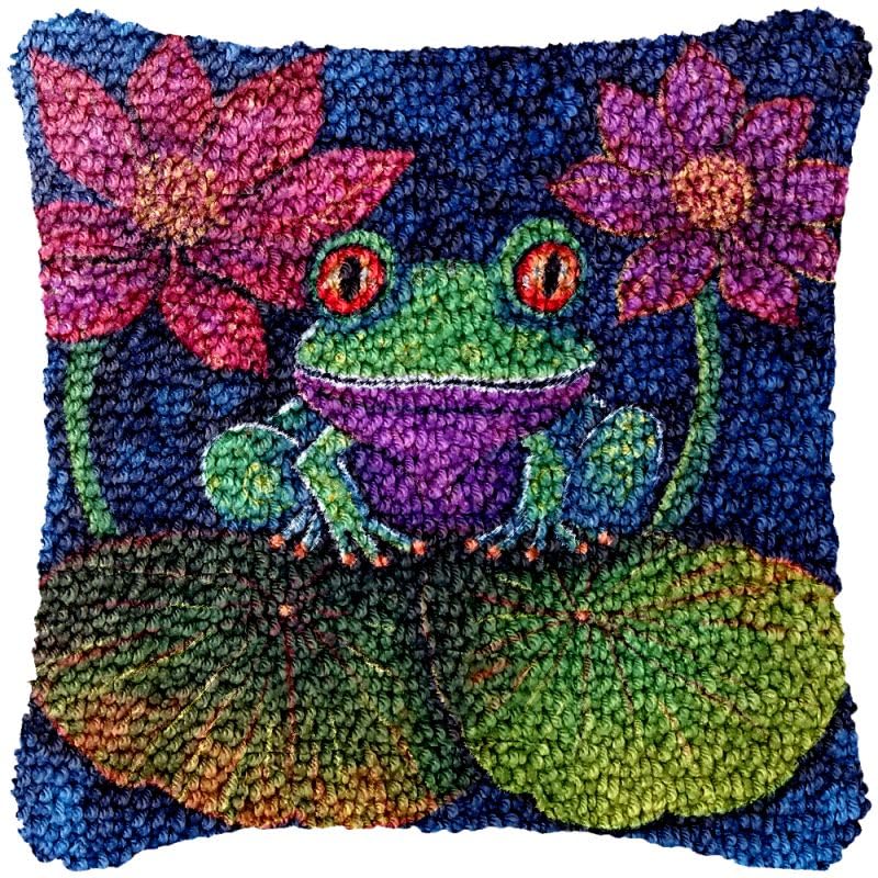 Image of Generic Frog & Lotus Latch Hook Pillow Cover Kits for DIY Handmade Throw Pillow Cross Stitch Latch Hook Pillowcase Rug Kits with Preprinted Color Pattern Canvas Crochet Yarn Kits 17''X 17''(m48)