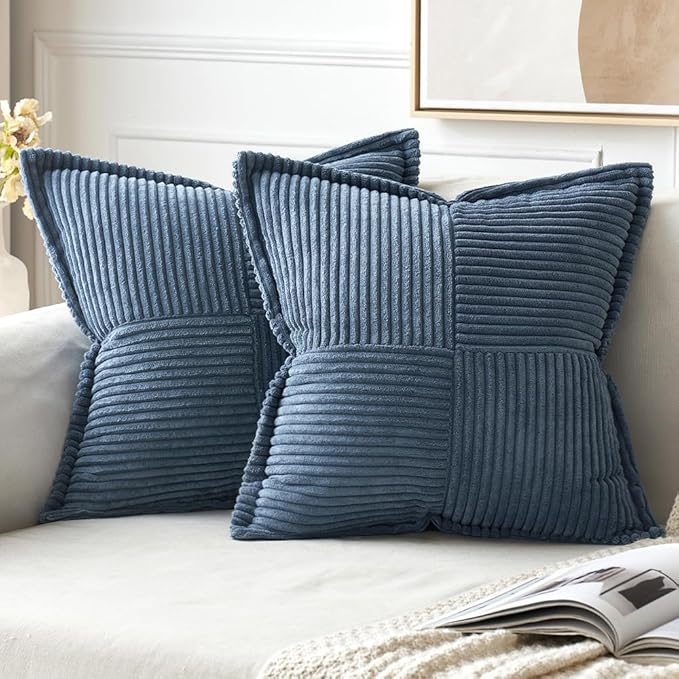 MIULEE Blue Corduroy Pillow Covers 20x20 inch with Splicing Set of 2 Super Soft Boho Striped Pillow Covers Broadside Decorative Spring Textured Throw Pillows for Couch Cushion Bed Livingroom