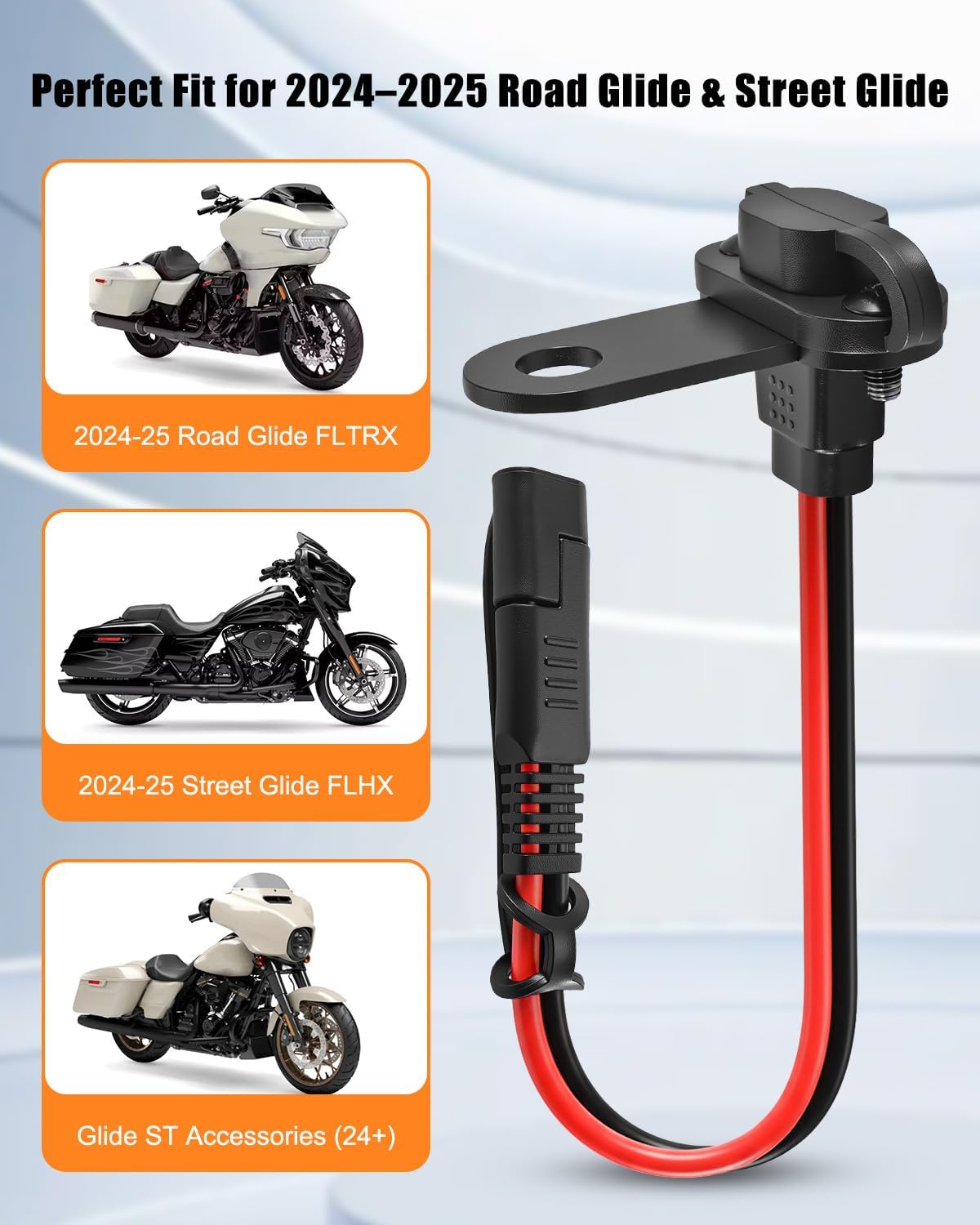 Motorcycle Battery Charger Bracket Fit for Harley Road Glide FLTRX & Street Glide FLHX 2024-2025, 304 Stainless Steel Stealth SAE Charging L-Shaped Port Mount Cable Holder, External Charger Connector