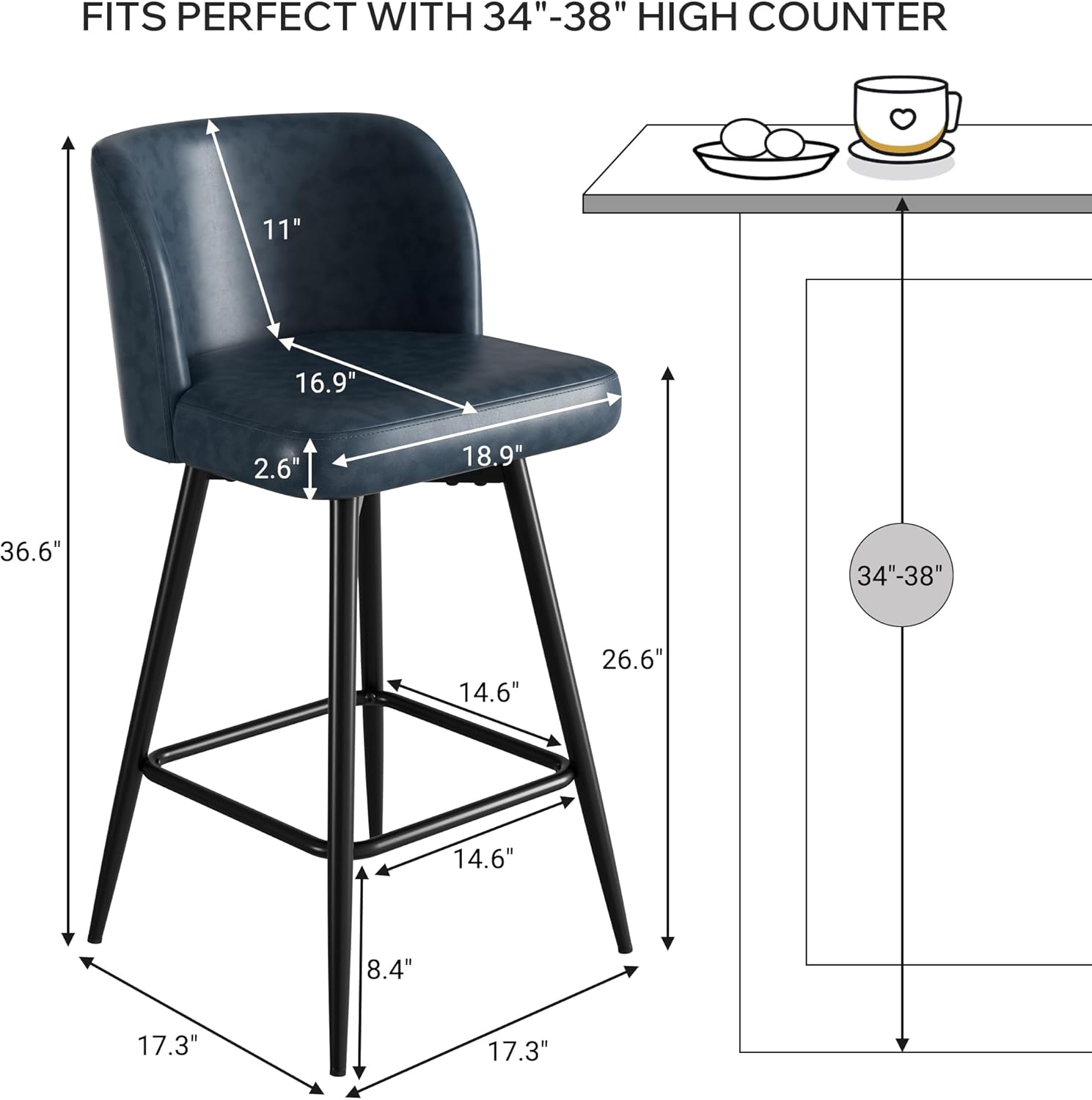 Swivel Bar Stools Set of 2, 26" Counter Height Bar Stools with High Back and Metal Legs, Faux Leather Bar Chairs, Modern Barstools for Kitchen Island, Dark Blue