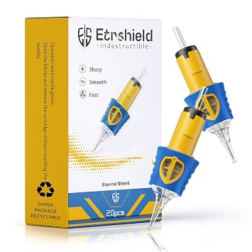 ES Professional Tattoo Cartridges with Shield Vent Hole, 20PCS #12 Round Lines Needles & Silicone Ledge For Artists Who Guard Souls With Ink