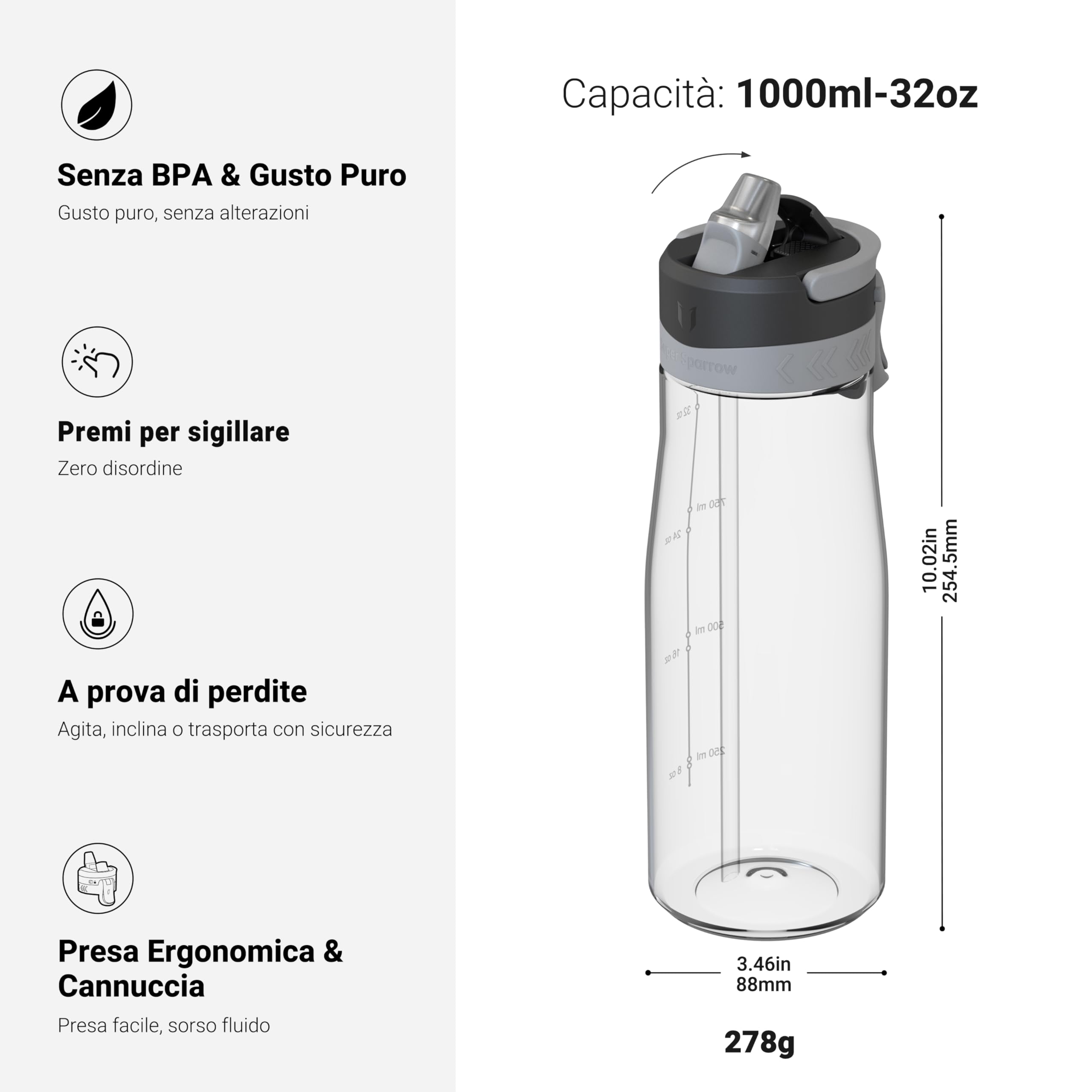 Sparrow Borraccia - 500ml, 750ml, 1L - TouchFlow Bottiglia Senza BPA - Senza Perdite Borraccia Cannuccia - Borracce Sportiva Flusso Rapido Con Un Clic per Scuola, All'aperto