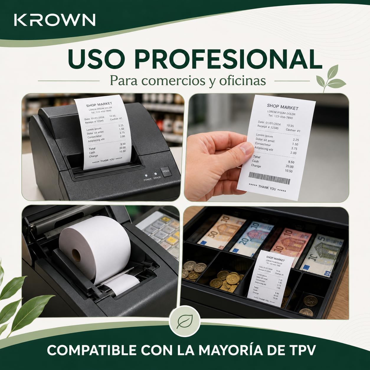 KROWN Rollo de Papel Térmico 80 x 80 x 12 mm Sin BPA – Papel para Tickets, Impresoras Térmicas, TPV, Cajas Registradoras, Básculas y Recibos (48)