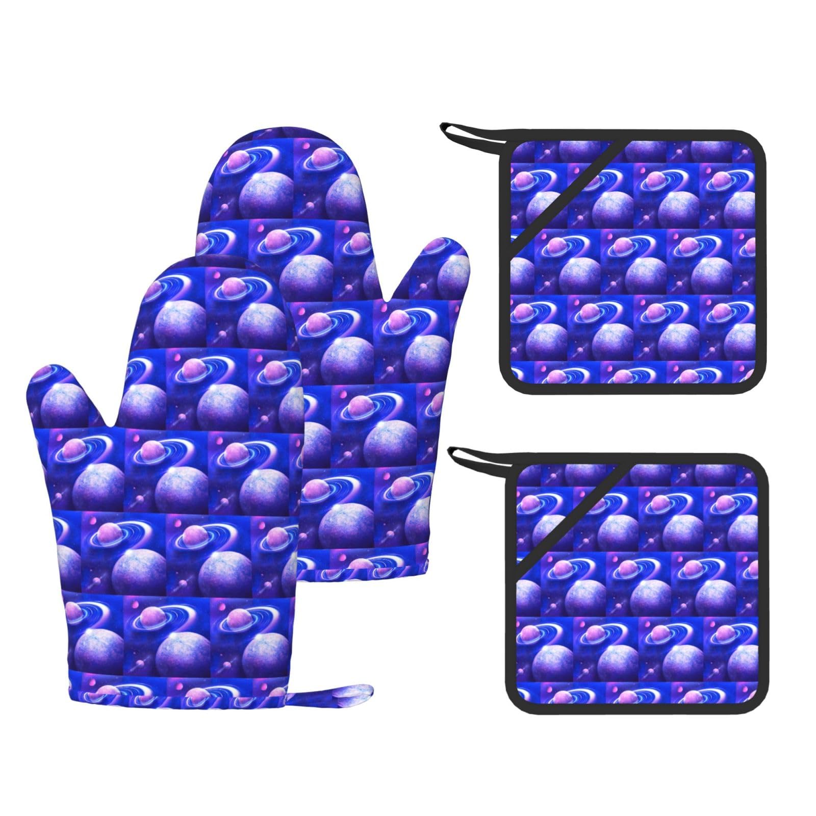 Planet Printed Potholder and Oven Mitt Set of 4, High Heat Resistant Cooking Gloves for BBQ Grilling