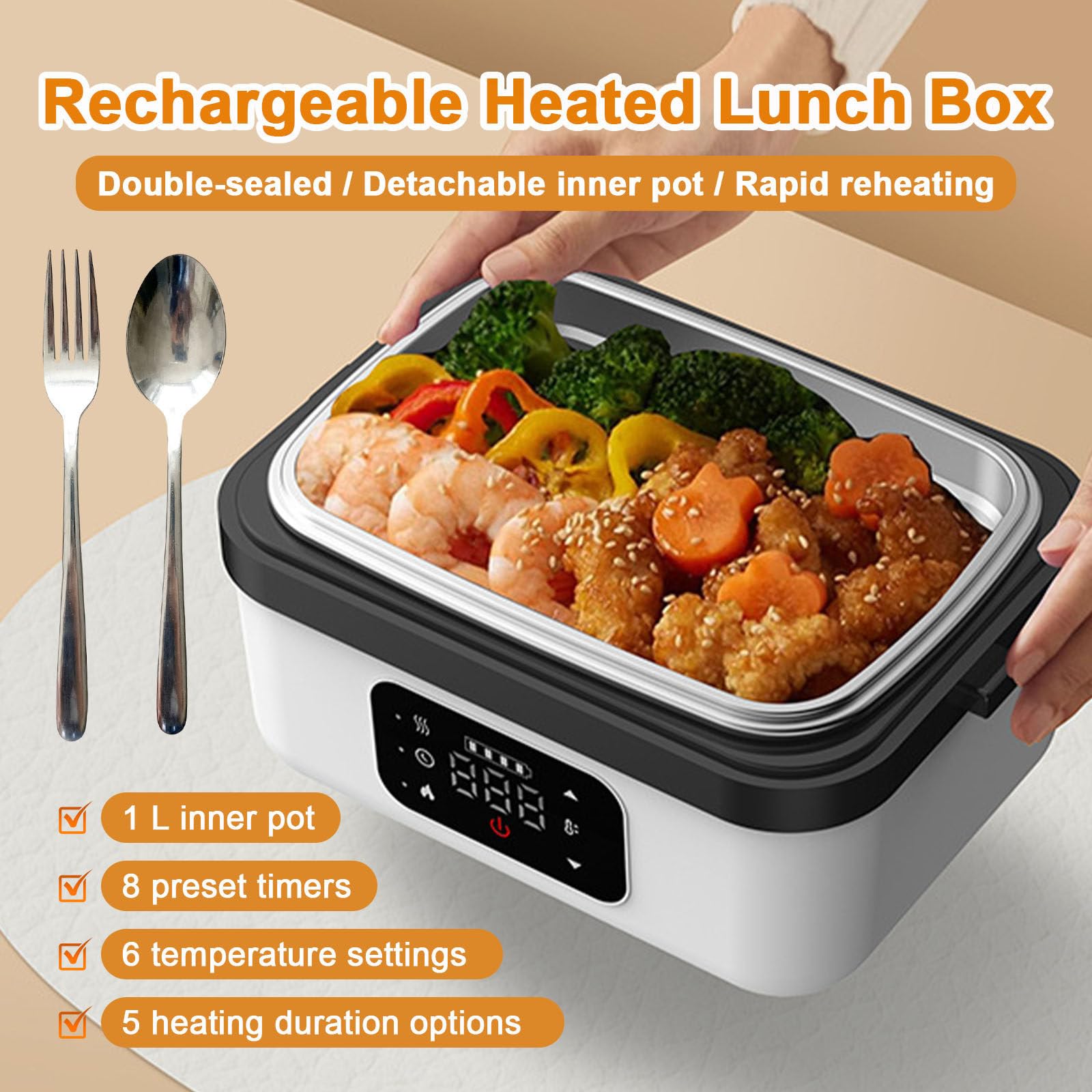 Contenitore per il pranzo elettrico con impostazioni di temperatura e timer, scaldavivande portatile senza fili, contenitore a prova di perdite per pasti caldi ovunque