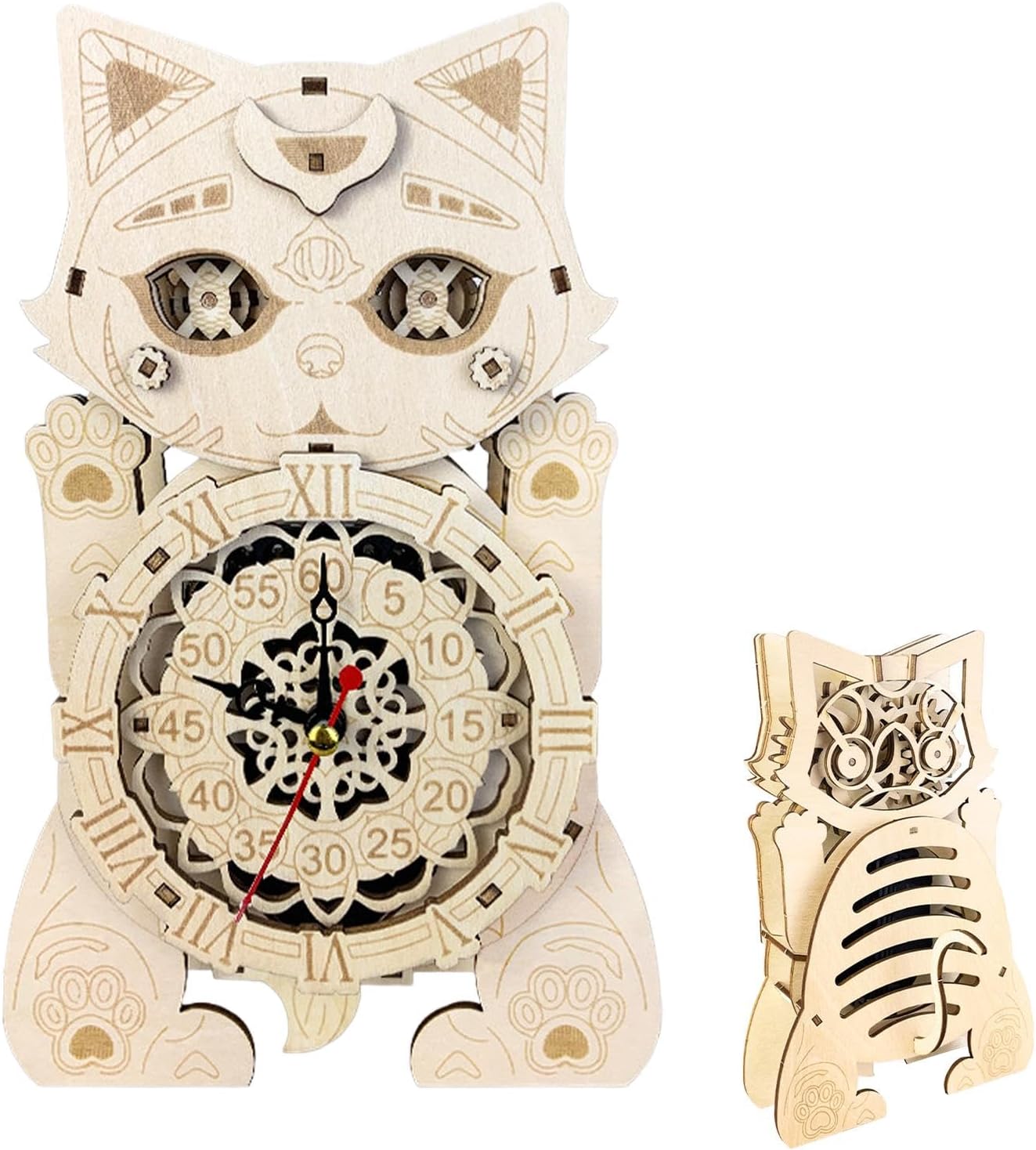 Wooden model with cat clock: adorable cat watch model kits, wooden cat clock model, reusable cat watch, wood craft, ma craft hobby kit