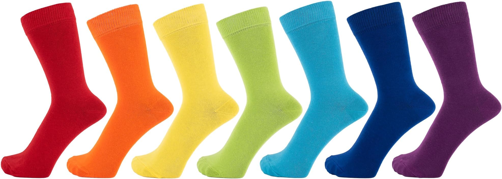 Finest Combed Cotton Dress Socks in Plain Colours for Men, Women, Rainbow 7-PACK