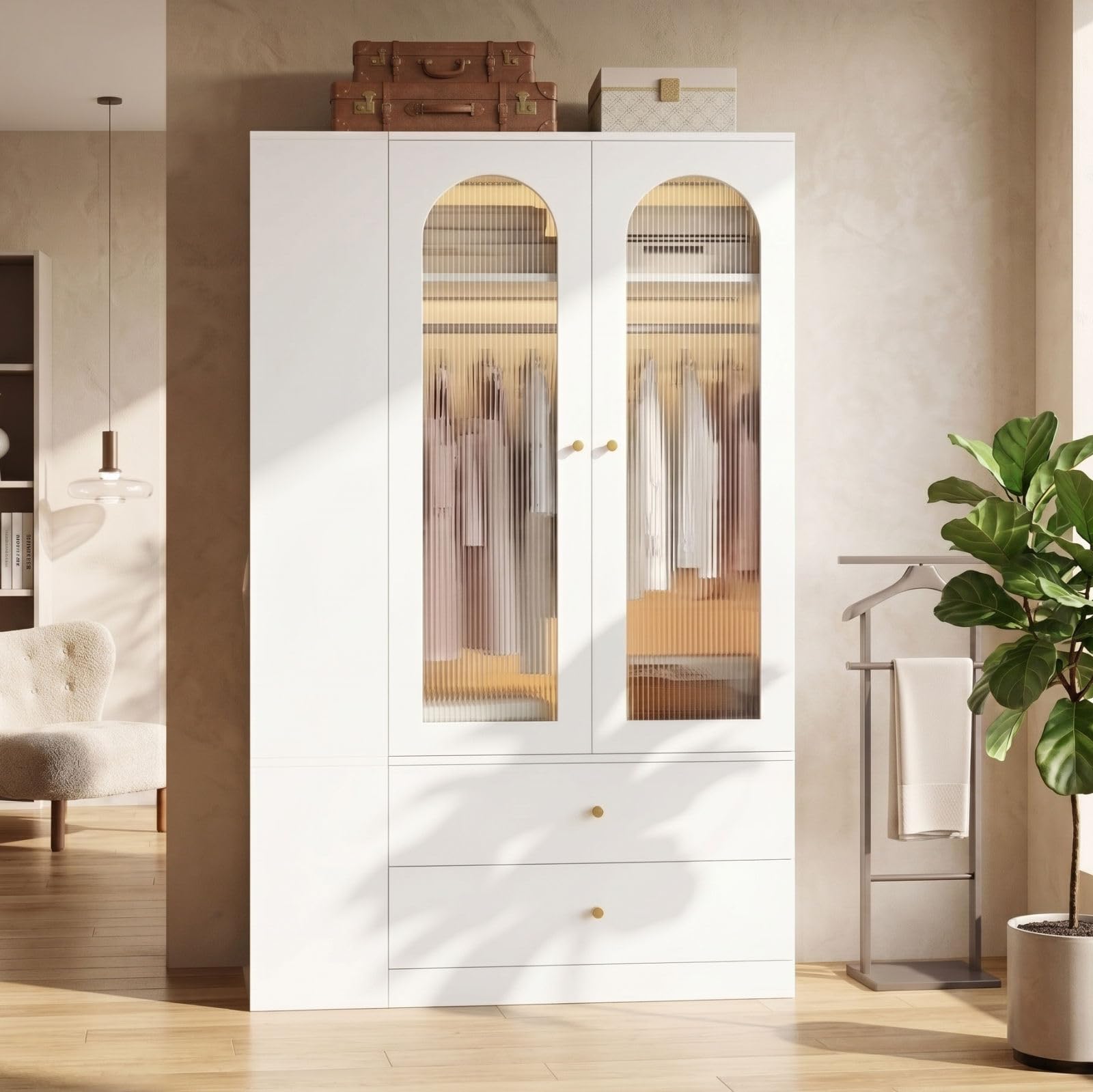Armadio bianco con ante in vetro scanalato, 4 cassetti, 120 x 50 x