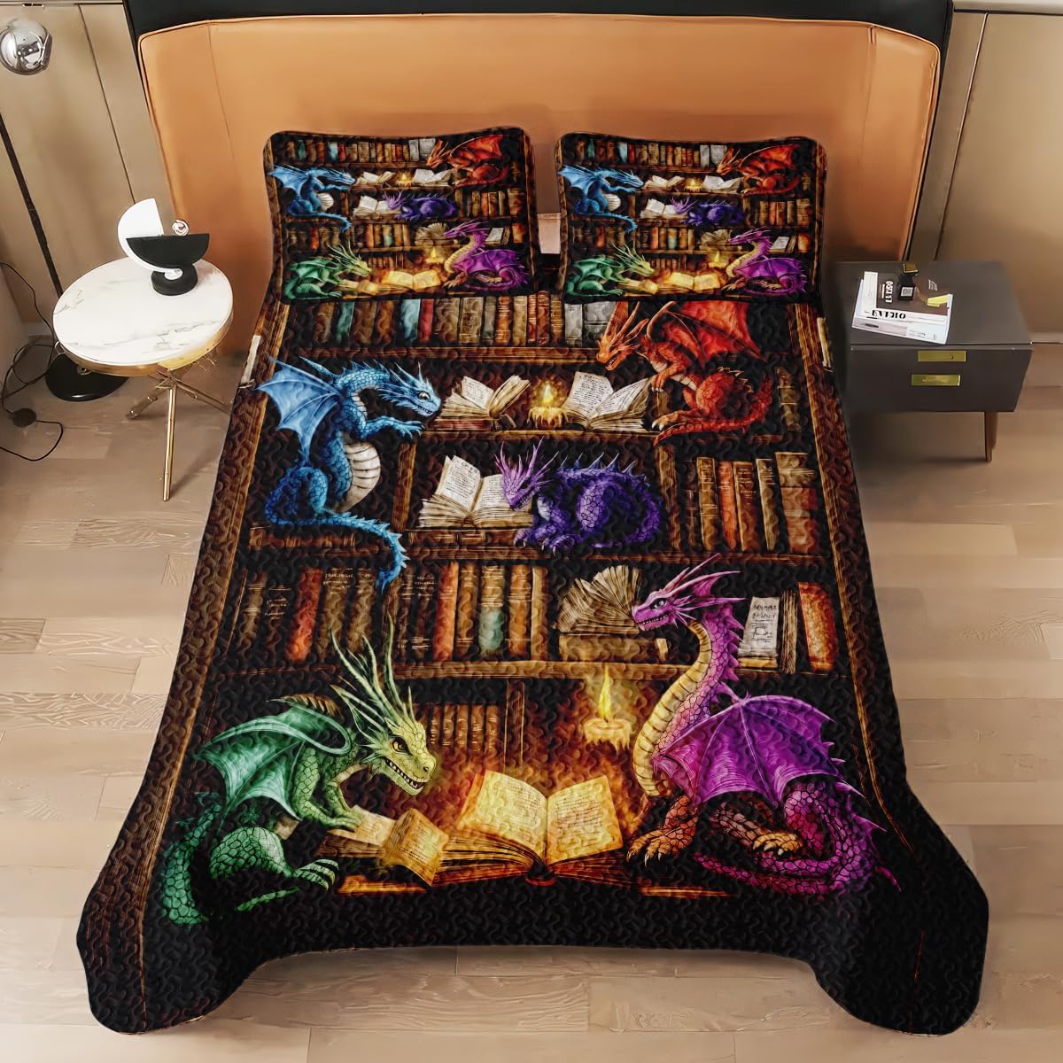 Personalized Book Dragon Quilt Bed Set, Dragon Quilted Blanket Bedding Set - Dragon Bedding Set Twin Set Dragon Bookshelf Decor Dragon Lover Gift (Colorful Dragon, Throw/Twin/Queen/Full/King)