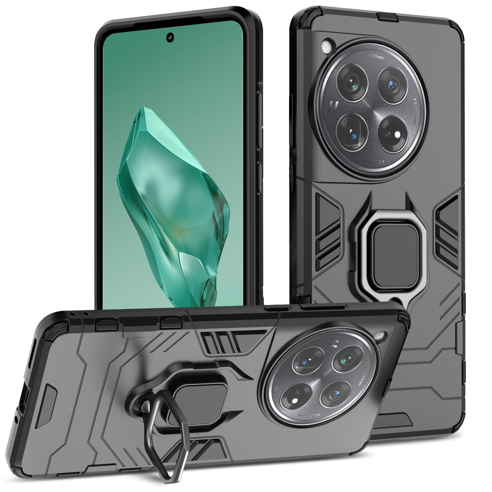 Btstring Case for Oneplus 12, Shockproof Tough Armour Phone Case, Heavy Duty Personalised Case with Stand, Black