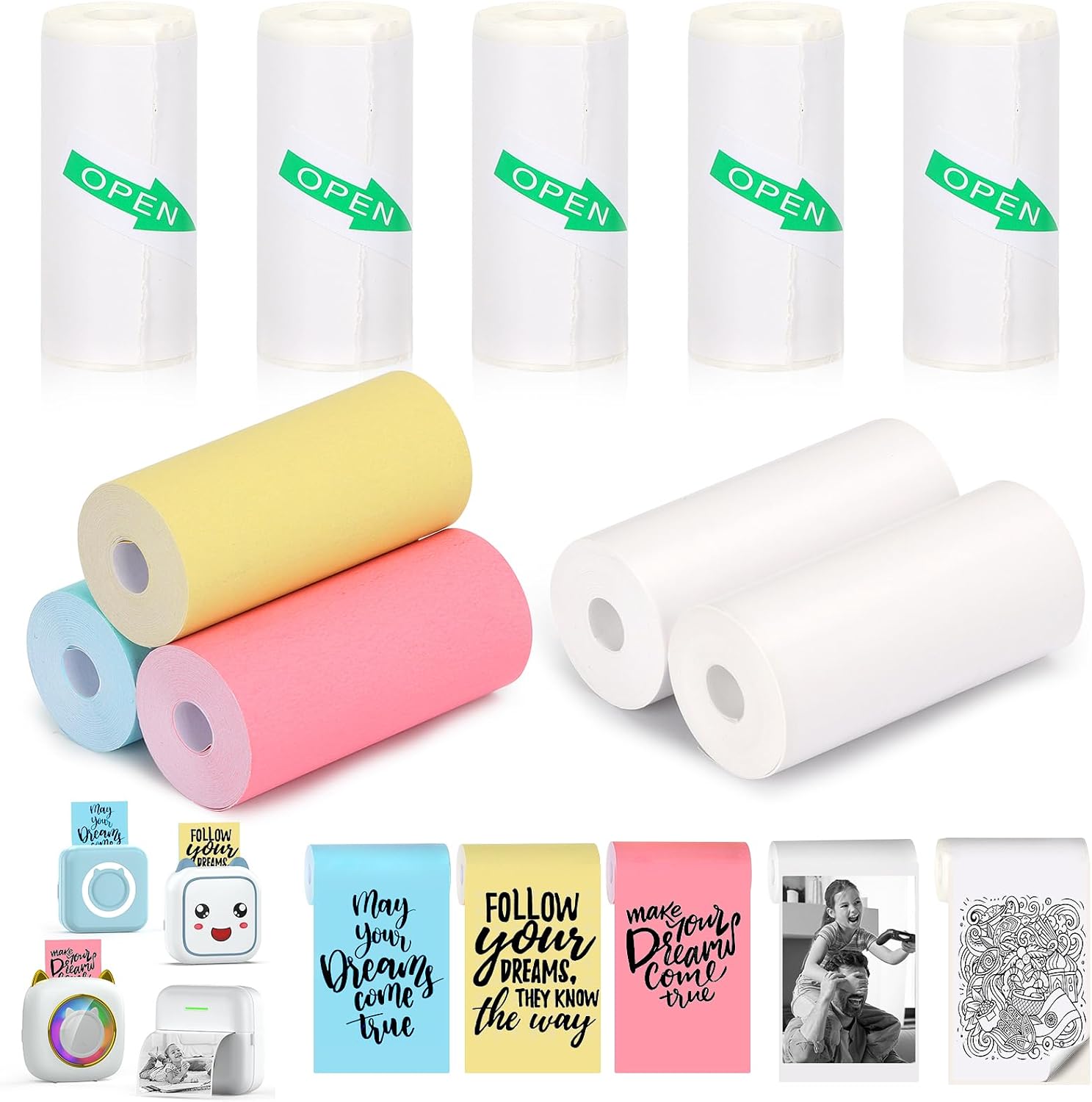 10 Rolls Mini Printer Paper - 5 Thermal Sticky & 5 Plain, 57X25mm for Inkless Printer, Notes, Journal, Memo, Photo, Study - Image 8