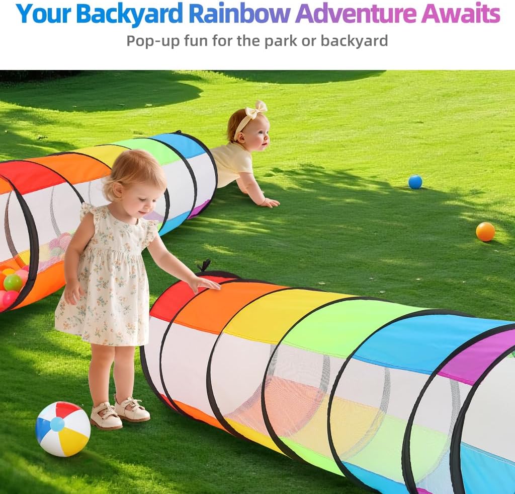 Rainbow Kids Play Tunnel - Toddler Crawl Tunnel for Indoor Active Play, Foldable Baby Tunnel Toy for Boys & Girls, Encourages Crawling & Movement
