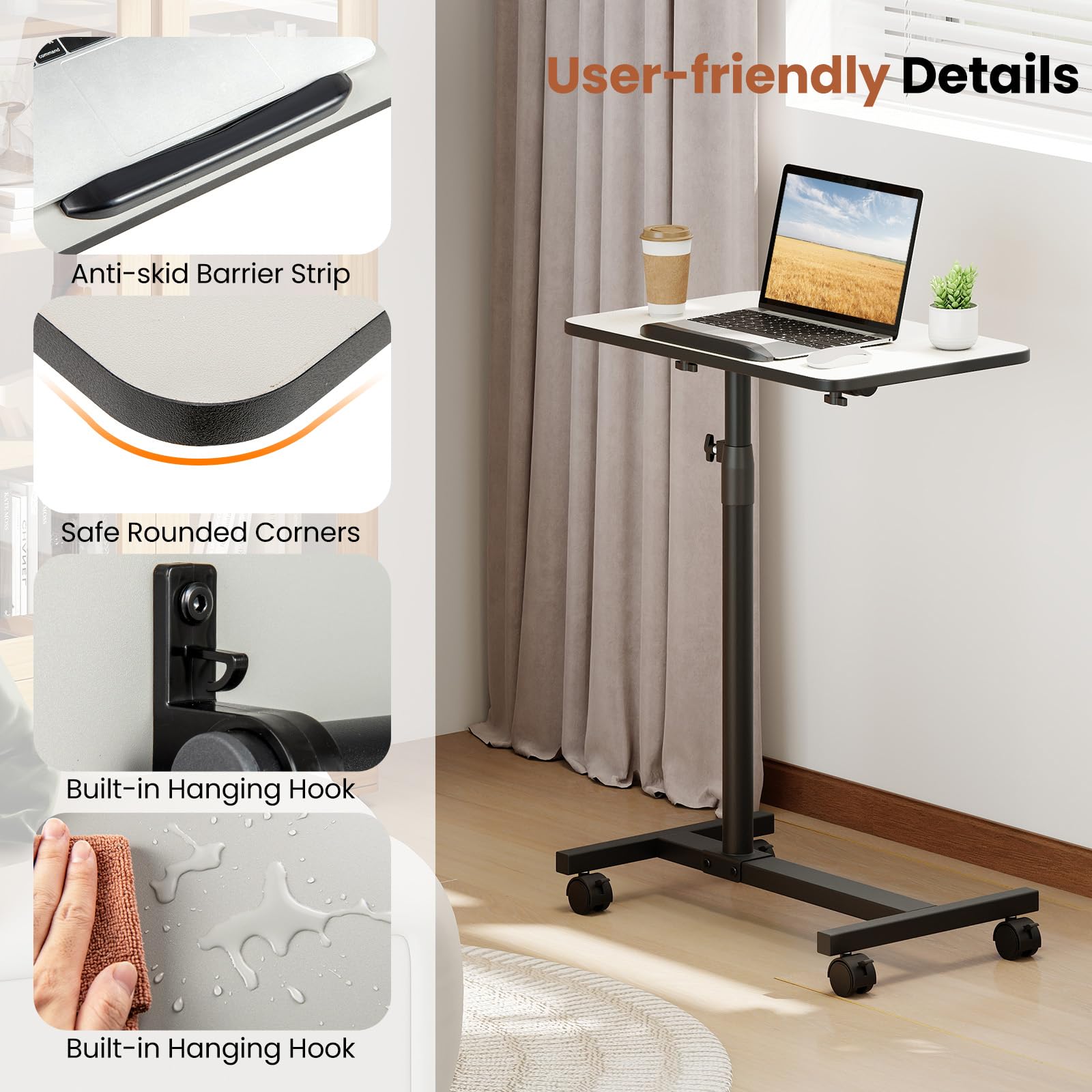 LIFEZEAL Mesa Auxiliar Ajustable en Altura, Bandeja Reclinable y Giratoria 360° en Forma de C, Mesa Enrollable Multifunción con Ruedas para Sofá, Cama, Oficina, 52 x 33 x 69-112 cm (Blanco)