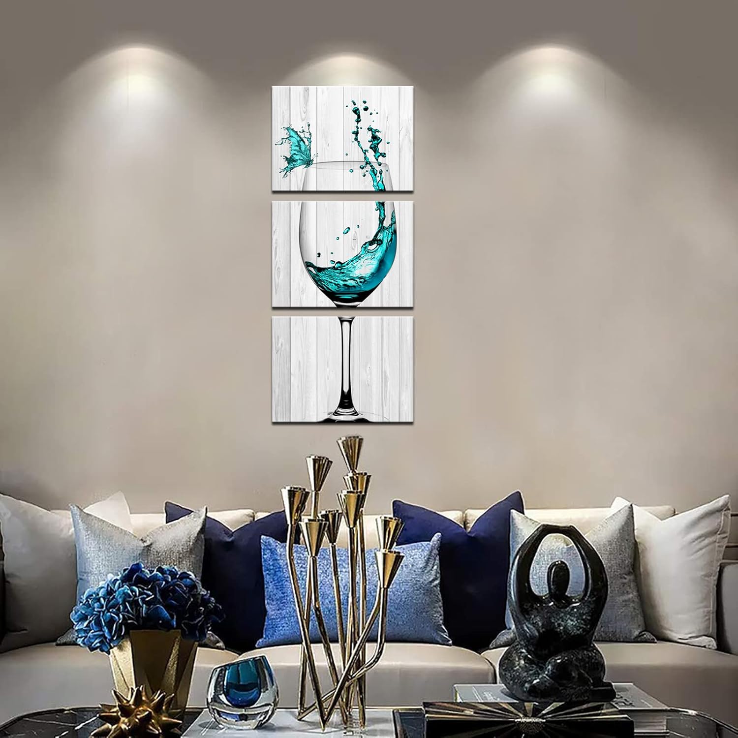 Biuteawal 3 Piece Kitchen Wall Art Decor Turquoise Wine with Butterfly on Wooden Background Picture Painting on Canvas Food Artwork Prints Modern Home Dining Room Restaurant Bar Decoration Framed