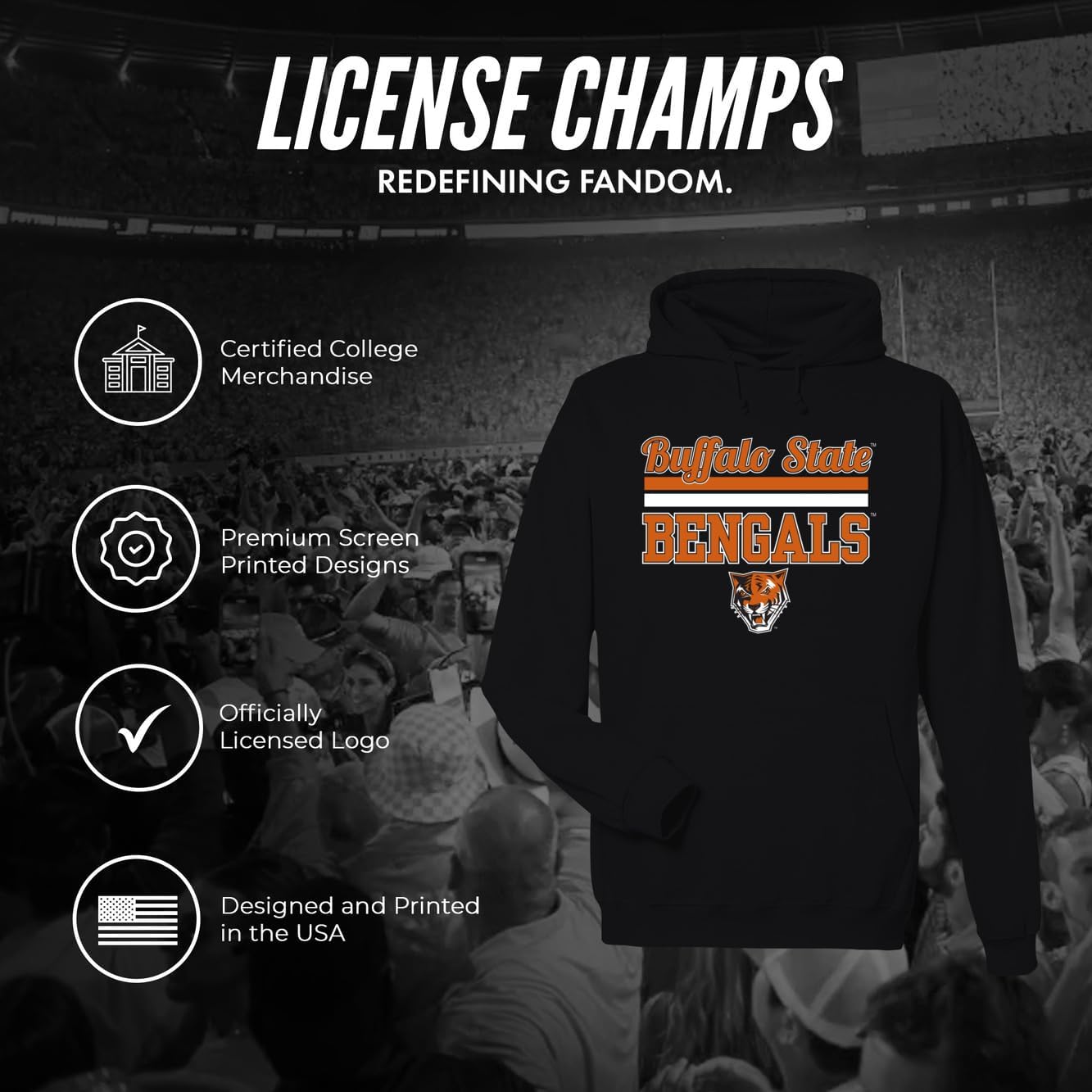 License Champs Hooded Sweatshirt | Official NCAA College Merch | Mens Womens Adult Hooded Sweatshirt | Mens Womens | Bar Logo