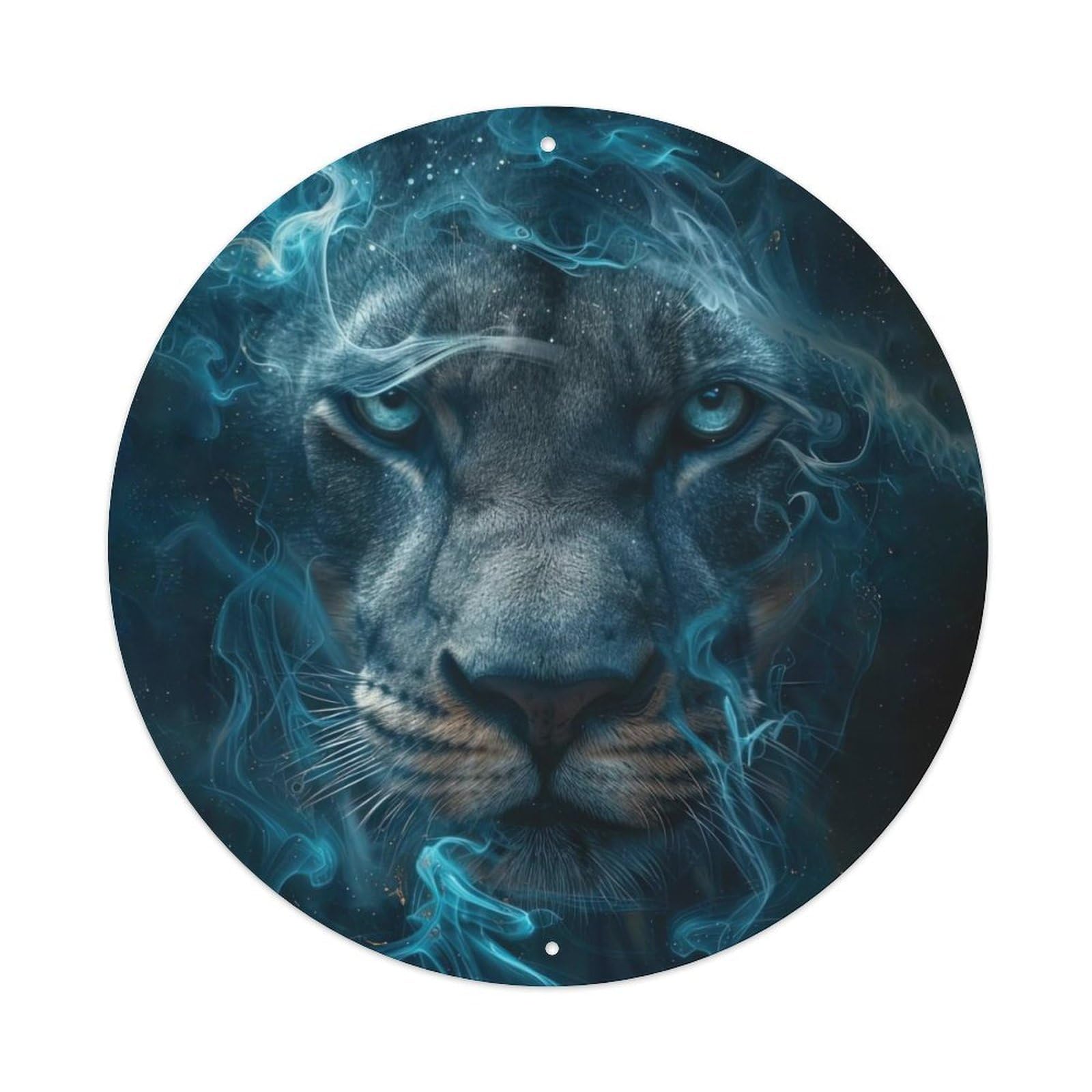 Cwbufd Vintage Style Animal Lion Fantasy Glowing Eyes Cosmic Smoke Blue Gold Wildlife Vintage Metal Tin Sign Plaque Wall Decor For Cafe, Club Bar, Office, Garden Metal Poster 8X8inch