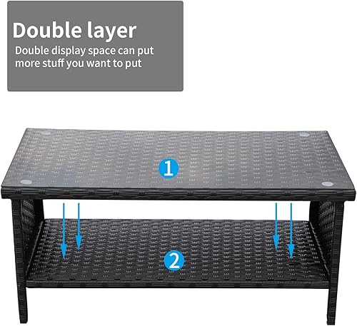 Miniatura 6 de Mesa de centro de mimbre para exteriores, muebles de patio, ratán de jardín, mesa de vidrio de 2 capas con almacenamiento y cubierta para muebles