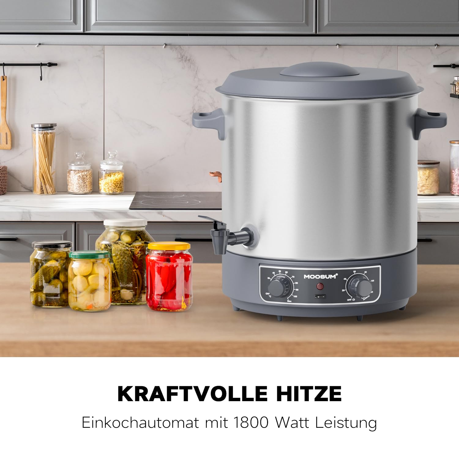 Einkochautomat mit Heißgetränkefunktion | 27 Liter Edelstahl 304 | Temperaturregelung 30-100°C | Timer (20-120 Min.) | Warmhaltefunktion & Überhitzungsschutz