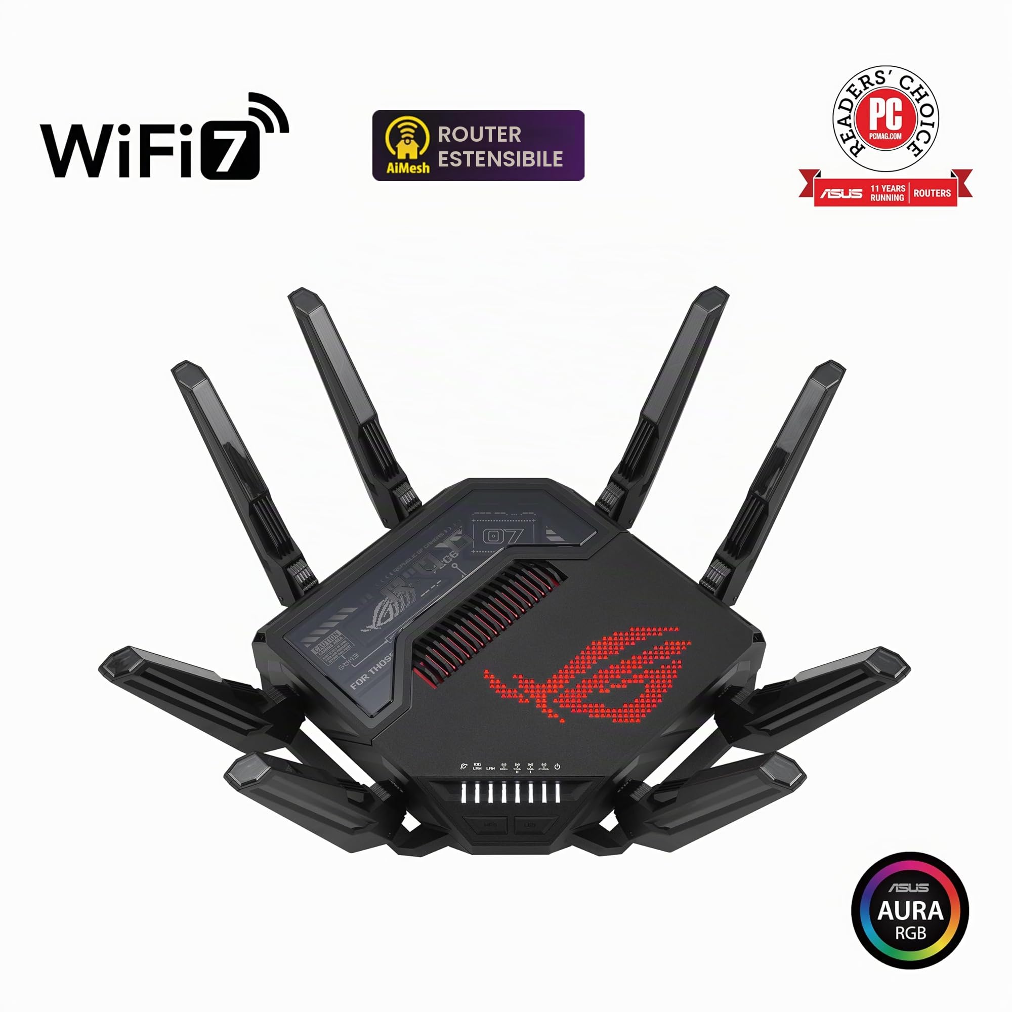 ASUS ROG Rapture GT-BE98 WiFi 7 Router, quad-band, banda 320 MHz, 4096-QAM, funzionamento multi-link, doppia porta 10G, WAN di backup, sicurezza di rete, compatibilità AiMesh