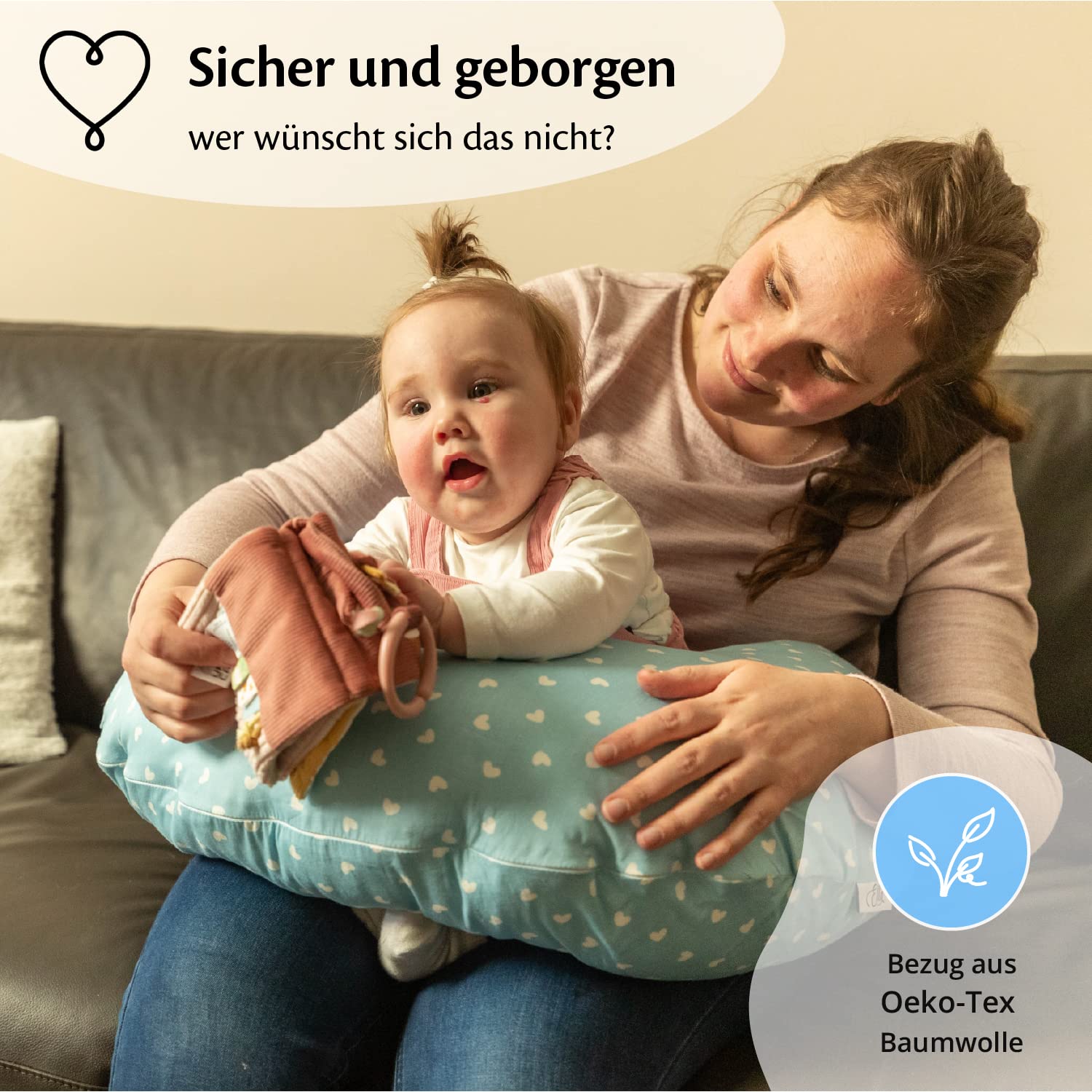 Ella Poduszka do karmienia – ergonomiczna poduszka dla niemowląt do wygodnego karmienia i karmienia niemowląt, wyściełany zagłówek dla niemowląt ze zdejmowaną bawełnianą poszewką - niebieska z sercami