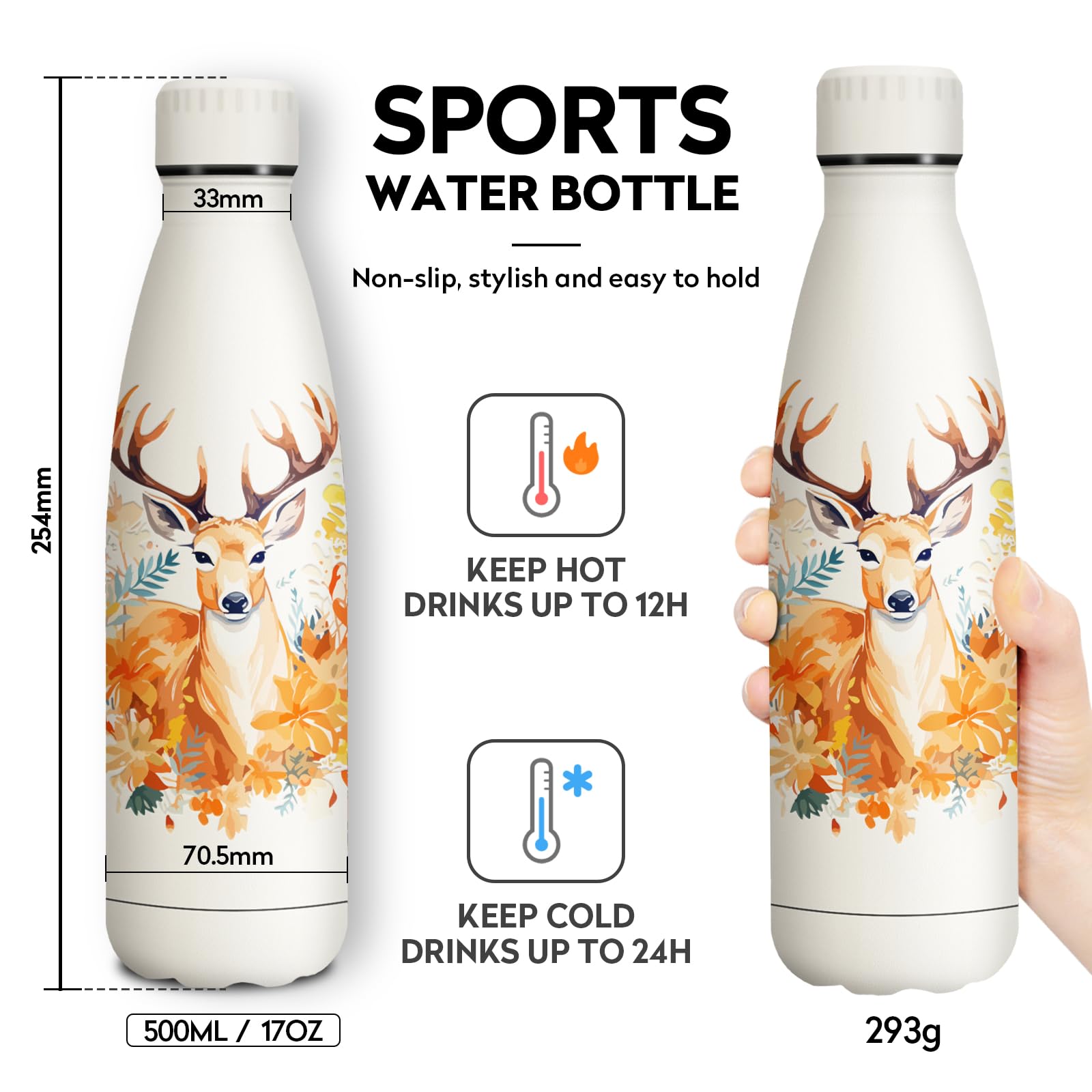 Insulated Water Bottle, 500 ml, Double Walled, Personalized Insulated Bottle, BPA-Free Stainless Steel Water Bottle for Adults, School, Fitness - 4