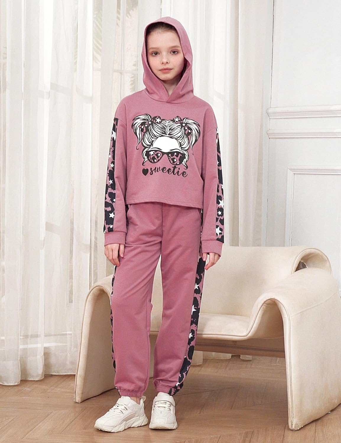 Crazyme Girls Clothes Print Hoodie Sweatshirt Jogger Sweatpants with Pockets Girls Sweatsuit 6-14Y - Image 2