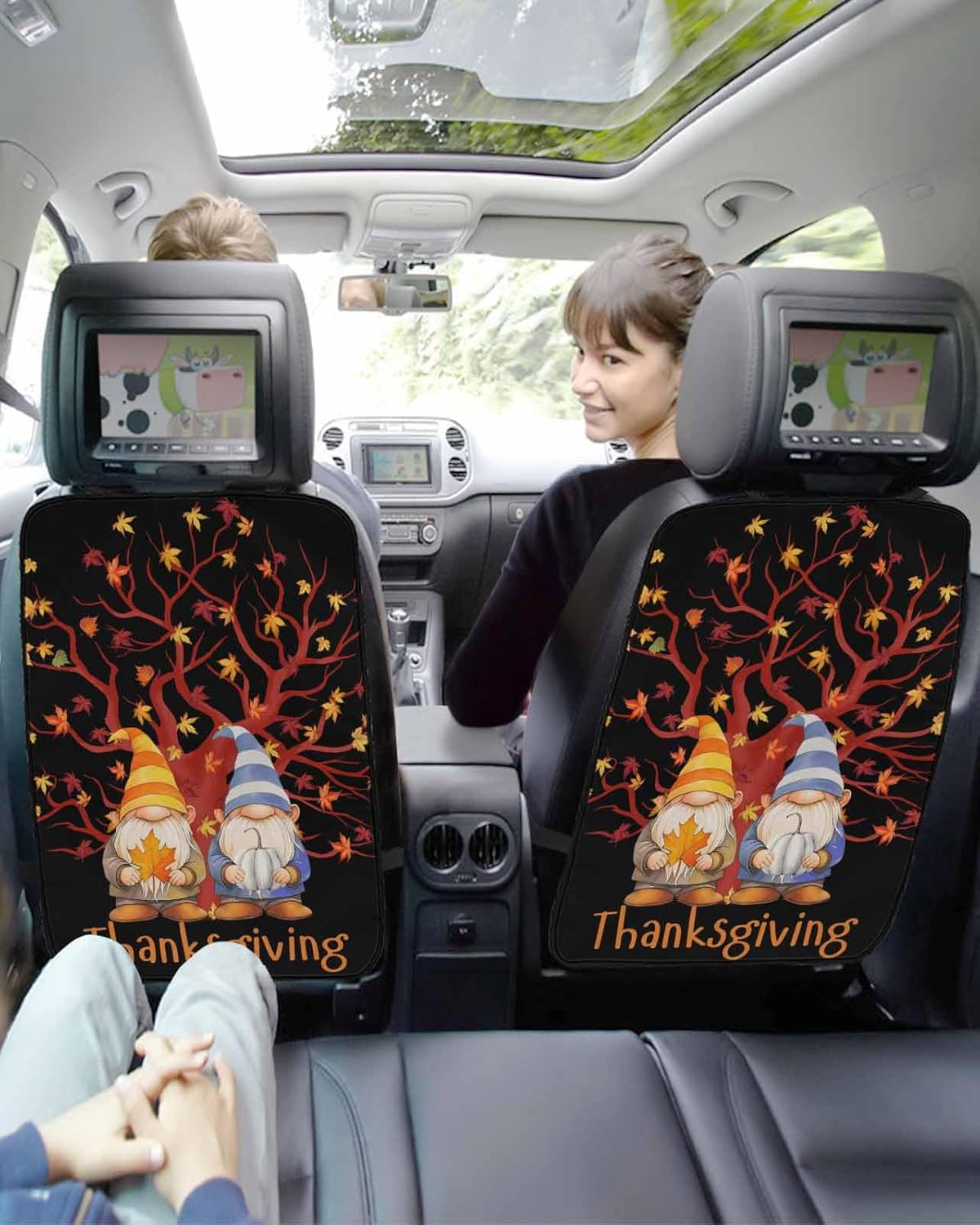 Car Seat Protector, 2 Pack Kick Mats Back Seat Protector Fall Thanksgiving Gnome Tree Pumpkin Maple Leaves Black Waterproof Backseat Cover for Kids Universal Fit Automotive Interior Protectors