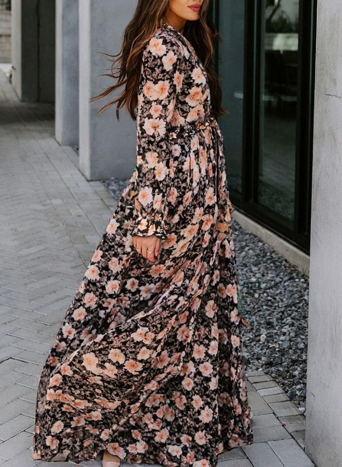 BLENCOT Womens Casual Boho Floral Printed V Neck Long Sleeve Long Maxi Dress Spring Summer Dresses - Image 2