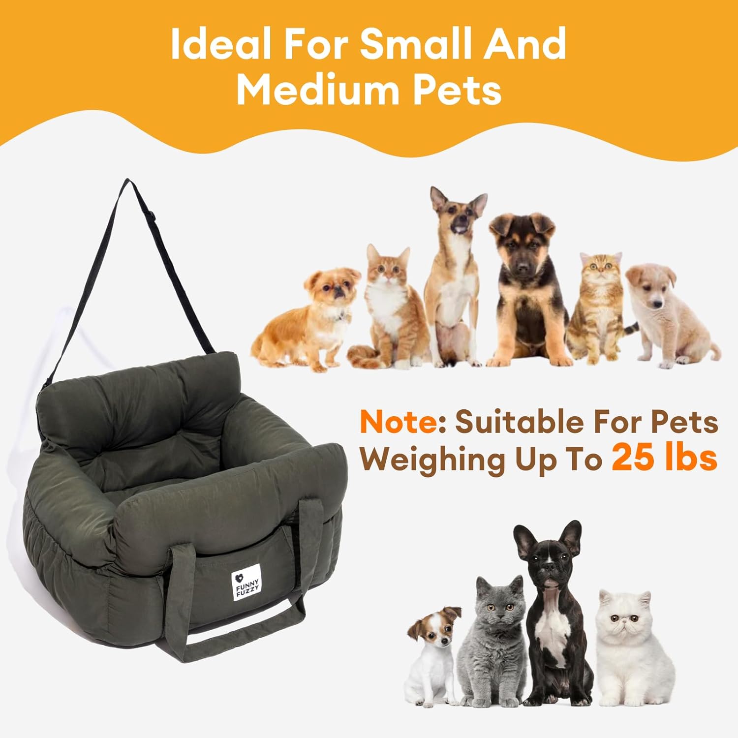 Funny Fuzzy Dog Car Booster Seat for Small Medium Dogs Up to 25lbs, Waterproof Fabric with Non-Slip Base & Safety Leash, Fully Detachable & Machine Washable (Army Green)