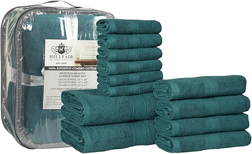 Vista 127 de HILLFAIR Juego de 12 toallas de algodón de 21.16 oz/m², 2 toallas de baño, 4 toallas de mano, 6 toallas de baño, toallas absorbentes de algodón Azul