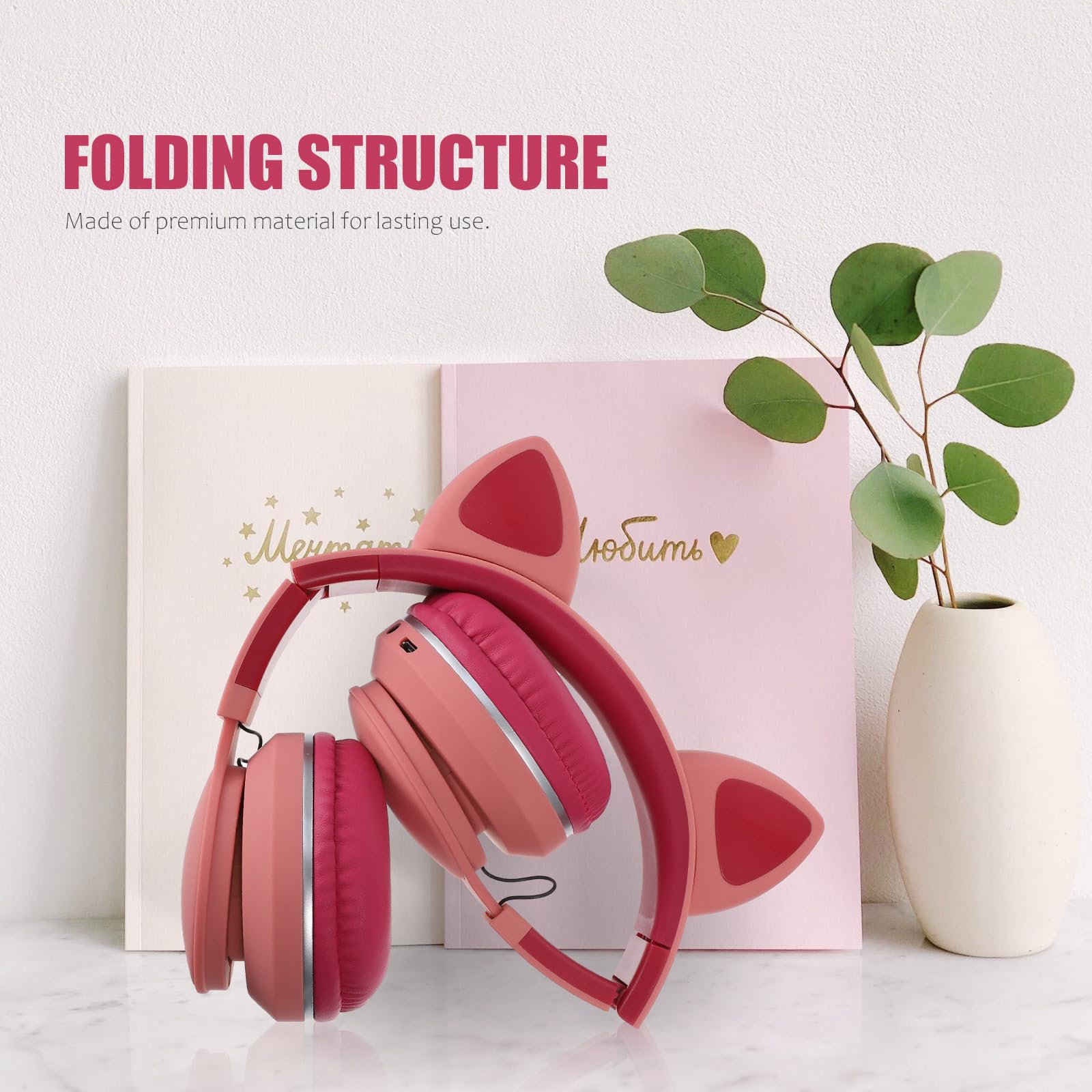 SHERCHPRY Auriculares Orejas de Gato LED Rosas, Diadema Ajustable