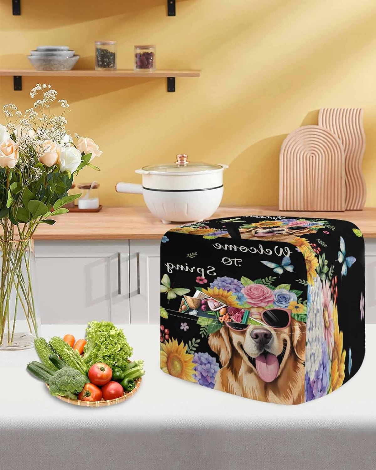 Spring Dog Stand Mixer Cover with Storage Pocket, Waterproof Kitchen Mixer Covers, Black Watercolor Botanical Floral Sunflower Kitchen Appliance Dust Cover Compatible with 4/4.5 Quart Mixers