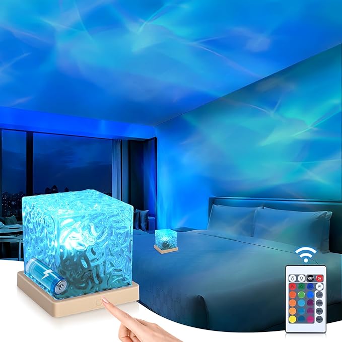 Smerkod Ocean Wave Lamp, Cordless Rechargeable,16 Colors 4 Modes Water Ripple Projector Light with Touch & Remote Control for Bedroom, Northern Lights Cube Night Light for Room Decor and Mood Lighting