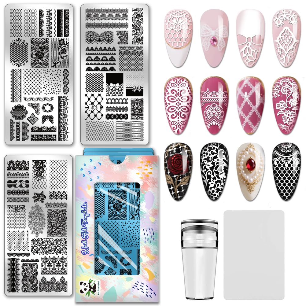 PH PandaHall 3pcs Lace Pattern Nail Stamping Plates Flower Lace Nail Art Templates Retro Laces Border Nails Design Stamp Stainless Steel Nails Image Plates for Women Manicures Salon Design Printing