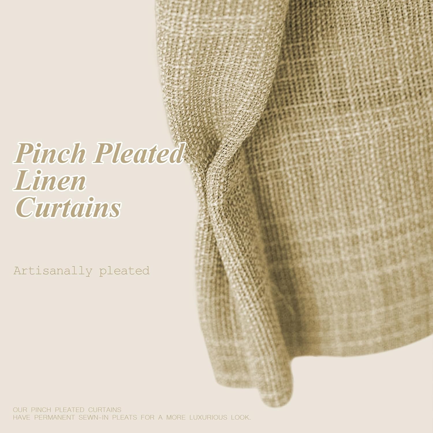 Pinch Pleated Linen Curtains 90 Inch Length for Living Room & Bedroom, Grey Beige Light Filtering Pleat Drapes, Memory Trained Semi-Sheer Window Curtain with Hooks for Farmhouse, 2 Panels 40"Wx90"L