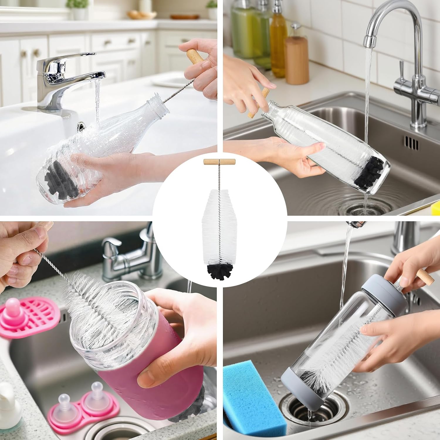Zestaw 2 szczotek do butelki Sodastream - 32 cm - Z ergonomiczną rączką - Białe włosie i czarna gąbka - Idealne do butelek szklanych i plastikowych Duo - Mocne czyszczenie bez