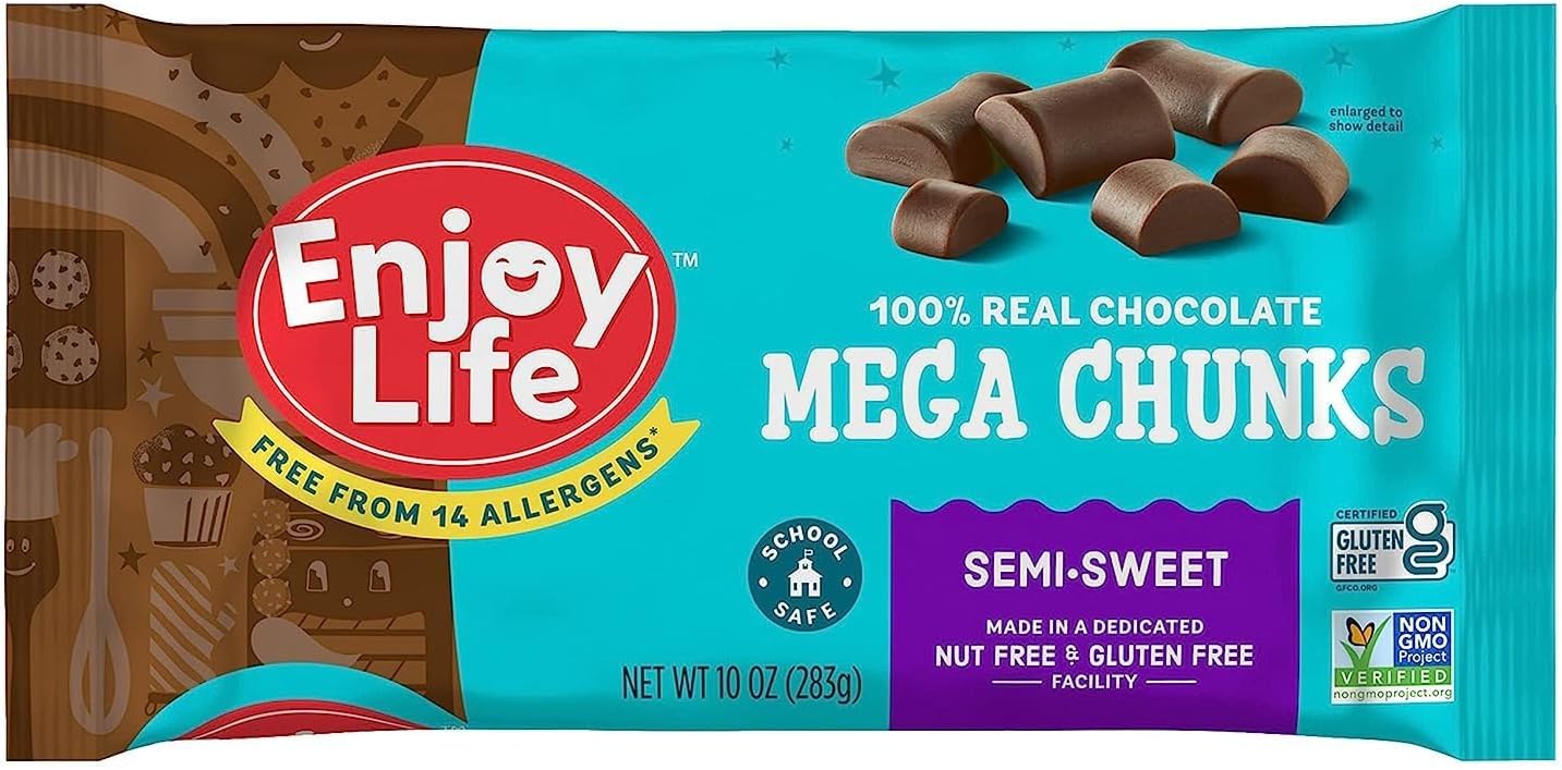 Enjoy Life Baking Chocolate Semi-Sweet Mega Chunks, Dairy Free, Soy Free, Nut Free, Non GMO, Gluten Free, Vegan Chocolate Chips, 10 oz bag