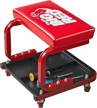 Big RED Rolling Mechanic Stool | 360 swivel casters; 250-lb steel frame; 3-zone tool tray; 14" waterproof padded seat; for garages, auto shops & DIY