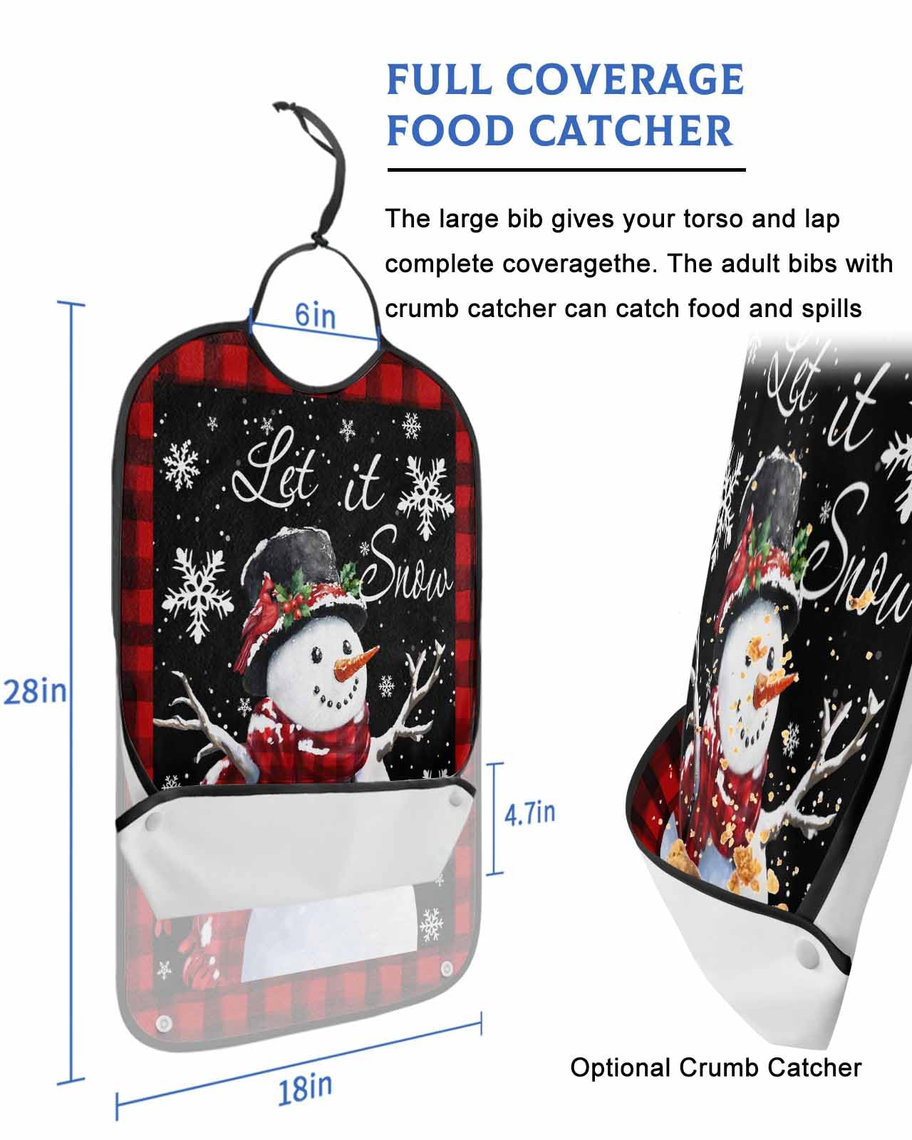 Christmas Adult Bibs for Eating, Merry Christmas Winter Snowman Snowflakes Berries Red Plaid Washable Elderly Adult Bibs for Men Women Large Adjustable Clothing Protector with Optional Crumb Catcher