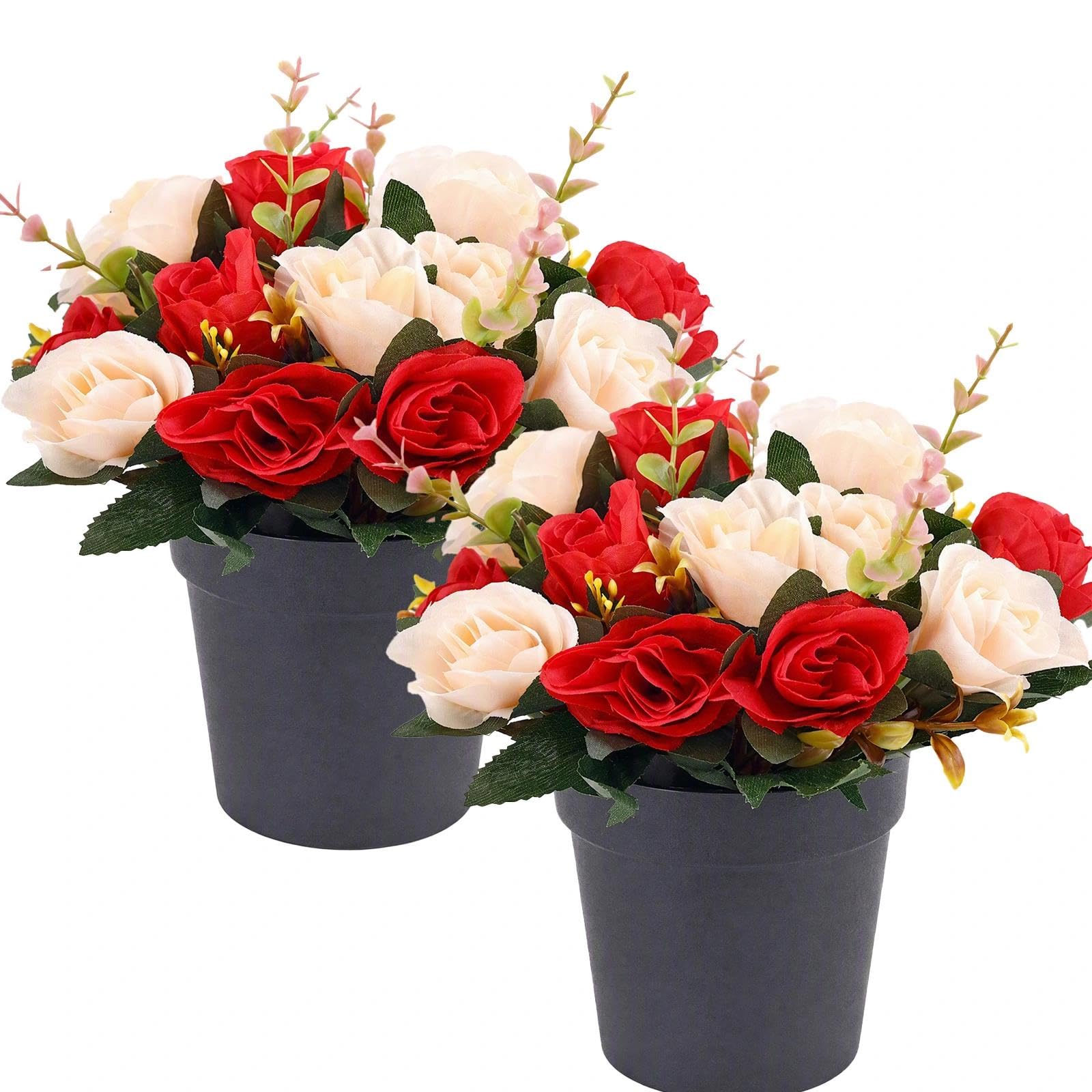2 Pcs Artificial Flowers for Graves Pots, Weather-Resistant Cemetery Flowers with 12 Lifelike Roses, Maintenance-Free Grave Ornaments for Outdoor Memorial Decoration, Funeral Bouquet Arrangement
