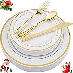 WDF-125 PCS Gold Plastic Plates - Fall Plates Disposable Include 25 Dinner Plate, 25 Salad Plate, 25 Forks, 25 Knives, 25 Spoons for Christmas/Parties