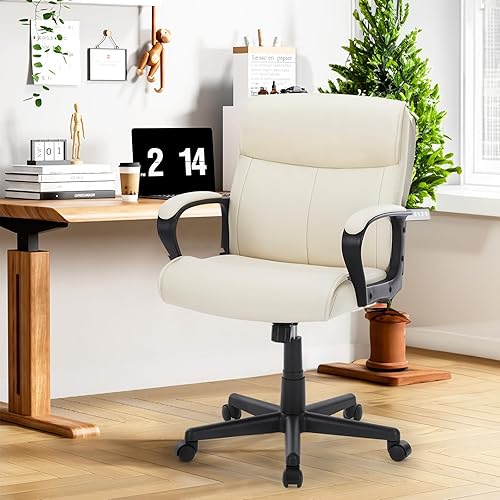 Sweetcrispy Ergonomic Office Chair Adjustable Height 360° Swivel Rolling Executive Computer Task Chairs with Padded Armrests, PU Leather, Cream