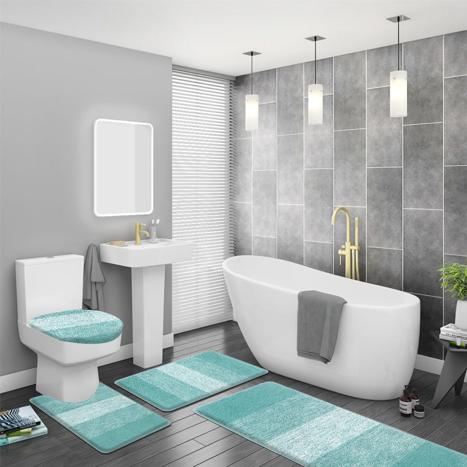 Bsmathom Bath Rug Set 4 Piece with Toilet Lid Cover and Rug Set, Non Slip Absorbent Bath Mats for Bathroom Floor, Machine Washable Bathroom Rugs with U-Shaped Contour Toilet Mat, Teal - Image 8