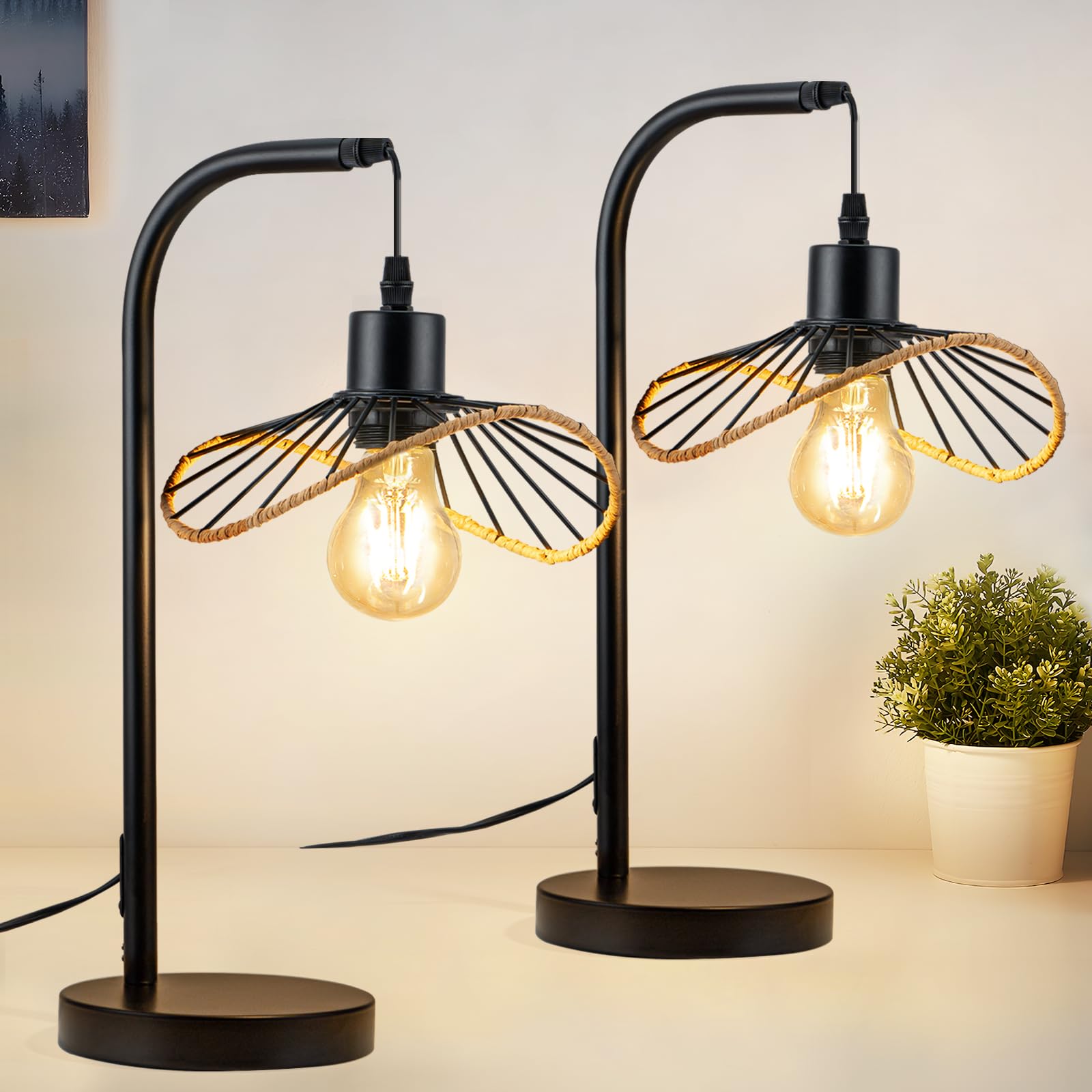 Tischlampe Schwarz Nachttischlampe Vintage 2er | Nachtlampe mit Kabel Tischleuchte E27 Schlafzimmer Schreibtischlampe Retro Leselampe Metall Tisch für Wohnzimmer