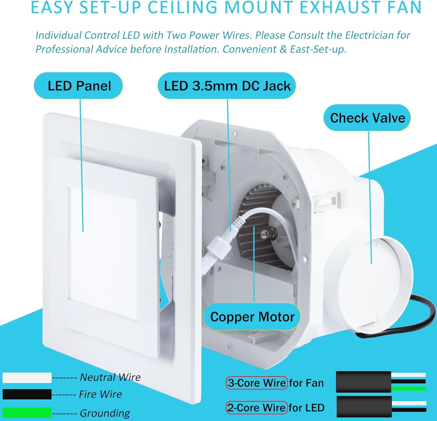 Bathroom Exhaust Fan with Light, 95CFM Bathroom Exhaust Fan, Bath Vent Fan w/ 8" x 8" Panel, 5000K LED, Driver, Back Damper for 4" Duct Shower, Restroom, Office, Toilet